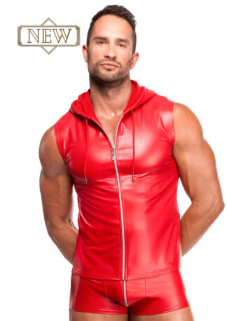 MAGLIA MASCHILE ROSSO WETLOOK CON CAPPUCCIO E ZIP NOIR